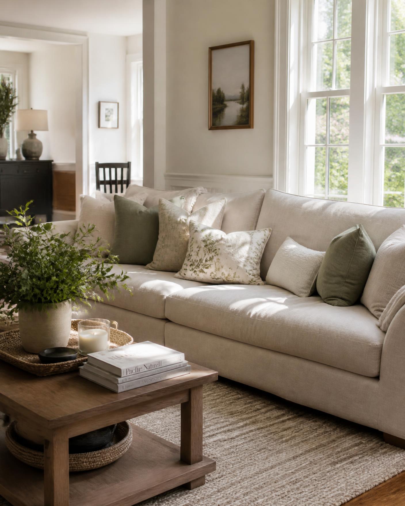 Sunlit New England living room with a linen sofa and wood floors